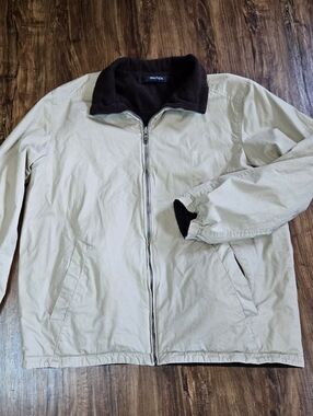 Vintage Nautica Men's Beige And Brown Zip-Front Reversable Cotton Fleece Jacket